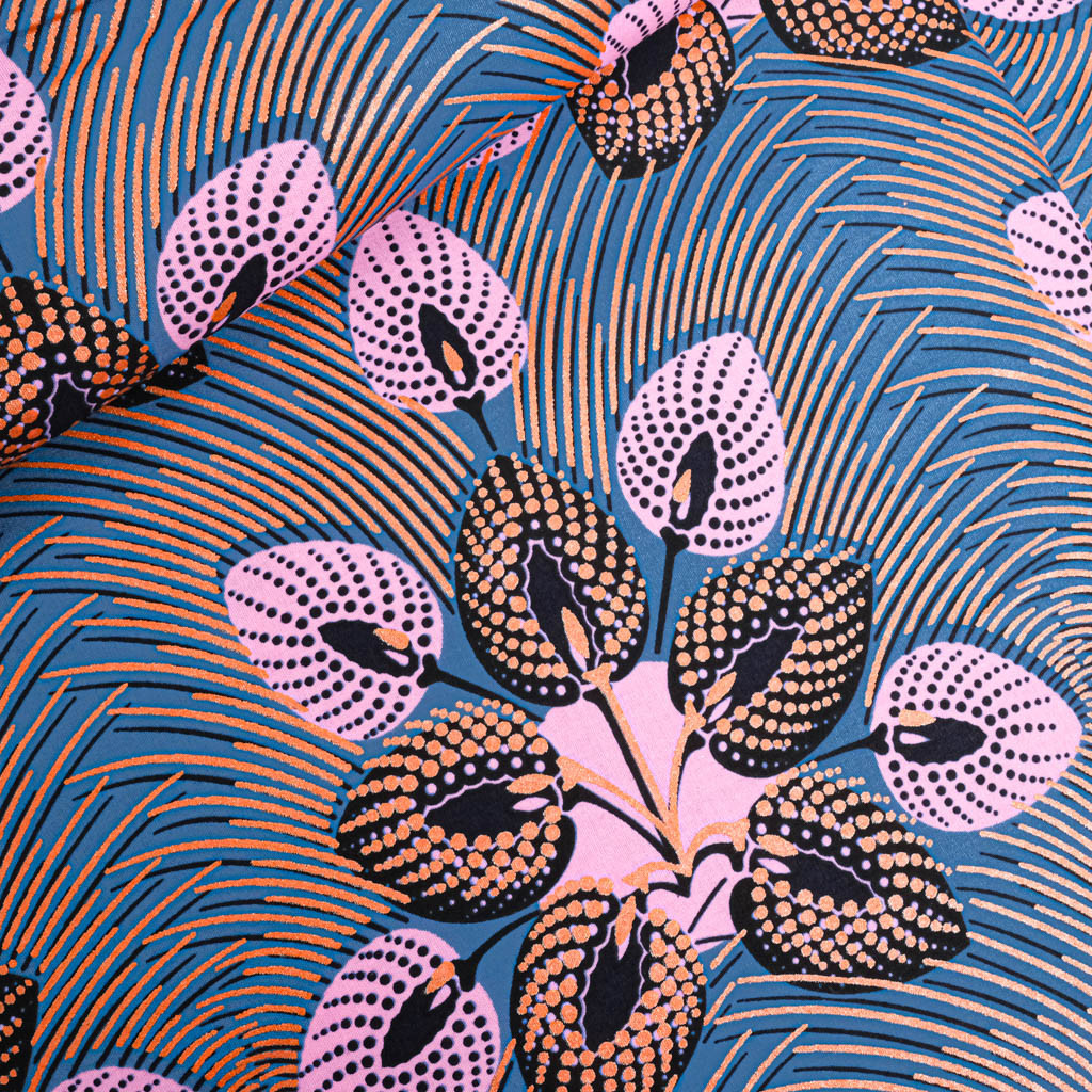 Gray and Pink Wax Fabric with Orange Lurex Pattern - Maison Klem